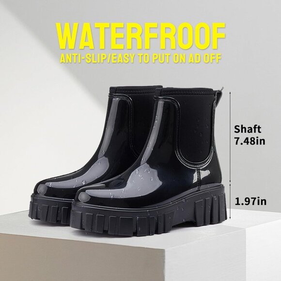 Women's Black Ankle Boots Waterproof Platform Rubber Chelsea Comfortable Shoes - Picture 6 of 6